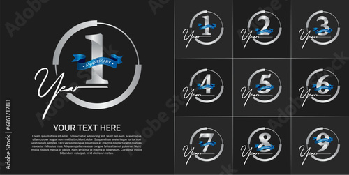 set of anniversary logo with silver number in circle and blue ribbon can be use for celebration