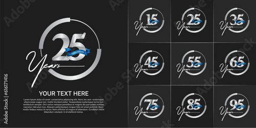 set of anniversary logo with silver number in circle and blue ribbon can be use for celebration