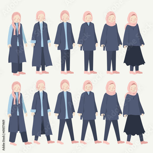 Various Hijab Girl Casual Daily Outfit Illustration Set