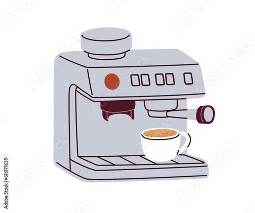 Coffee maker machine making, brewing, preparing drink, fresh morning espresso and cappuccino beverage in cup. Professional coffeemaker equipment. Flat vector illustration isolated on white background