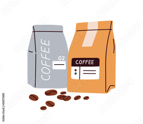 Coffee bags, closed packages and fresh roasted coffe beans composition. Aromatic product in paper pack for caffeine drink, beverage. Flat vector illustration isolated on white background