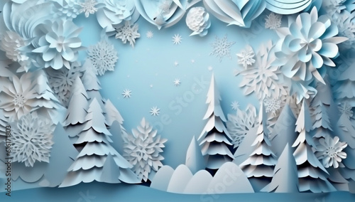 merry christmas background snowflakes winter creative paper tree origami art blue. Generative AI. © VICHIZH