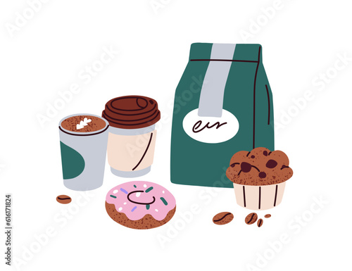 Coffee and bakery composition. Coffe beverage in takeaway paper cups, fresh beans packed in bag package, sweet desserts, donut, cupcake, muffin. Flat vector illustration isolated on white background