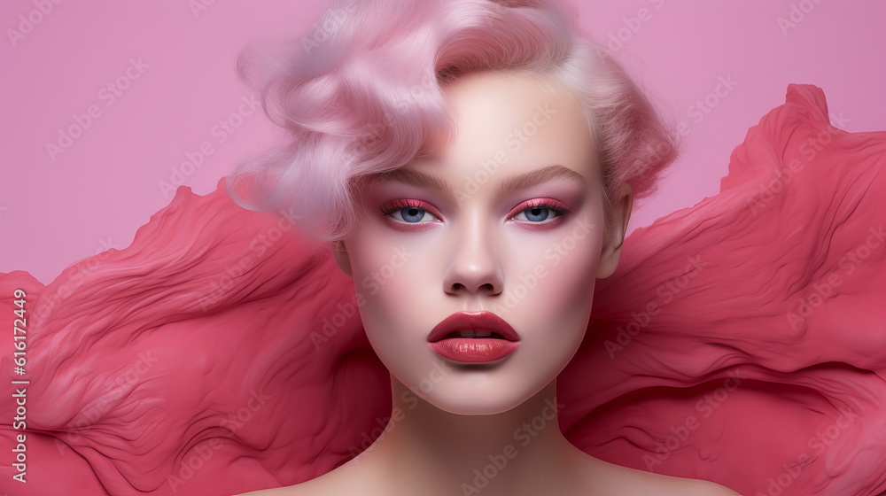 Beauty portrait of a beautiful girl with flawless makeup on a soft pastel pink background. Perfect for cosmetics advertising and fashion campaigns