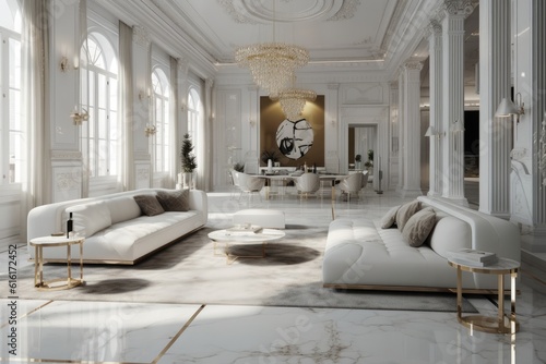 An ultra-modern living room. Sleek and minimalist design with luxurious finishes, such as polished marble floors, crystal chandeliers, and plush velvet furnishings. Generative AI © piai