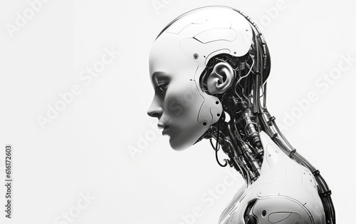 Side profile photograph of a beautiful female android AI robot. photo
