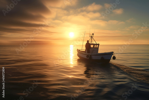 Fiction people at fishing from the boat on the sea , AI Generated image