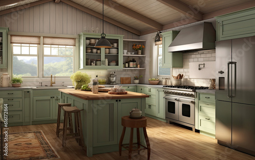 A high style ranch kitchen sage color scheme farmhouse.