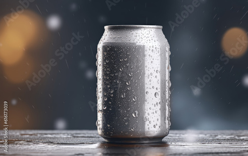 A empty plain silver color packaging metal soft drink can with water droplets natural lighting.