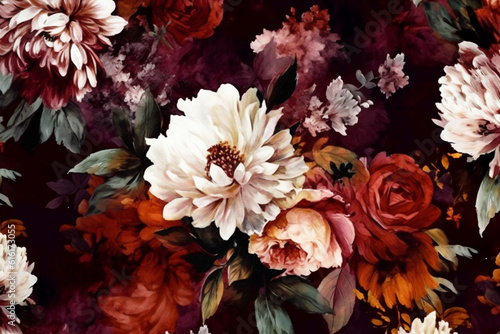 Fototapeta Naklejka Na Ścianę i Meble -  background vintage ornament peony bouquet flower burgundy wallpaper decoration nature dark. Generative AI.