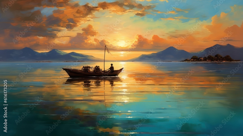 At sunset, a boat floating on turquoise waters and pleasant people around. It is a landscape where colors merge as reflections dance on the water. Created with Generative AI.