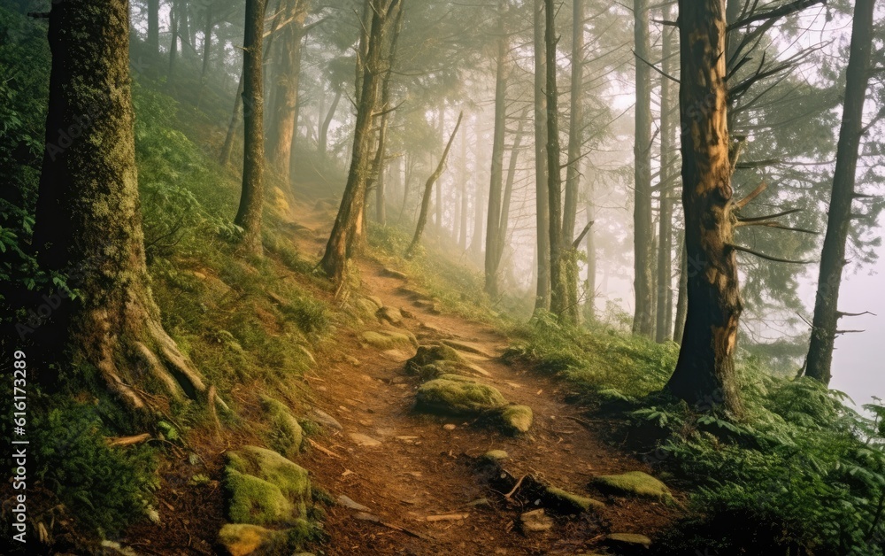 Fototapeta premium A mountain with a forest and thick fog.