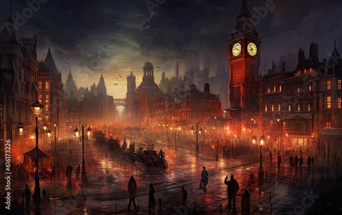 An illustration of a night scene with the clock tower.