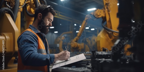 Hispanic engineer foreman writing on digital tablet and checking in industrial factory, Engineer male writing checklist with serious looking, standing inside the smart factory, generative ai © OP38Studio
