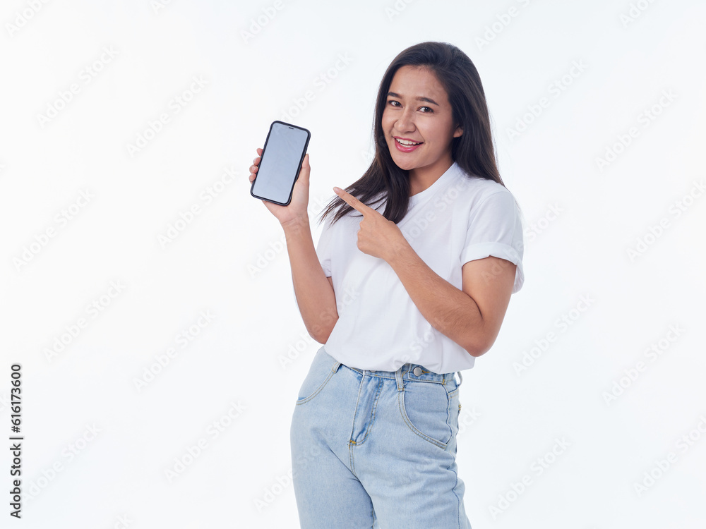 Woman showing smartphone on white background Woman showing smartphone on white background