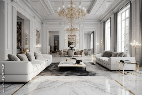 An ultra-modern living room. Sleek and minimalist design with luxurious finishes, such as polished marble floors, crystal chandeliers, and plush velvet furnishings. Generative AI © piai