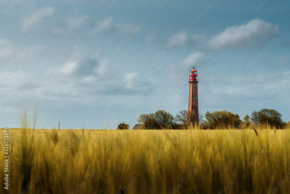schöner leuchtturm am meer mit grüner wiese und bäumen bei blauen himmel an der nordsee im urlaub schöner leuchtturm am meer mit grüner wiese und bäumen bei blauen himmel an der nordsee im urlaub