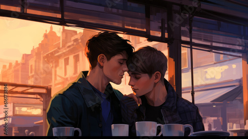 Illustration of a couple of gay men about to kiss in a coffee shop photo
