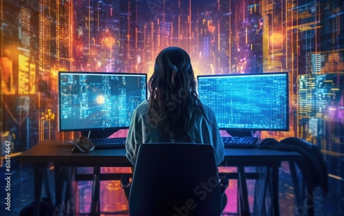 A girl software developer sitting by computer screens and coding matrix.