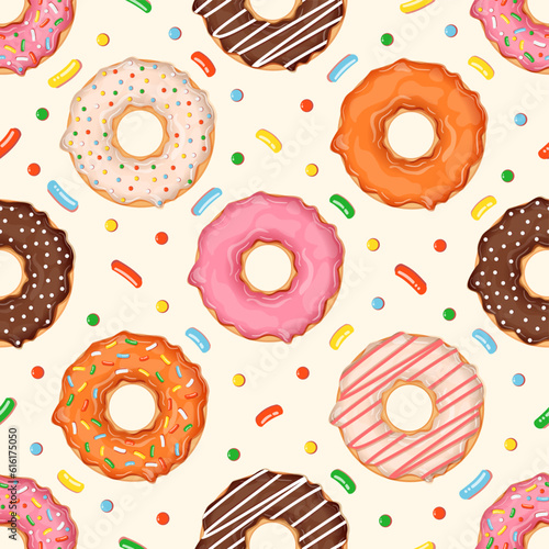 Seamless pattern with donuts of different flavors and toppings. Vector illustration for fabrics, textures, wallpapers, posters, cards. Editable elements.