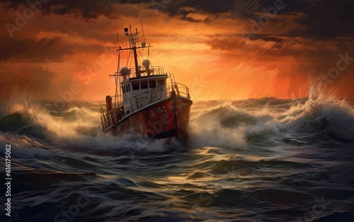 A rescue lifeboat on the big wave sea at the sunset sky.