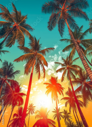 Tropical palm tree and sky background. 