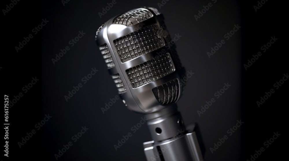 Representation of a retro gray condenser microphone, capturing the essence of vintage music and evoking a nostalgic atmosphere with its unique abstraction. Generative Ai Representation of a retro gray condenser microphone, capturing the essence of vintage music and evoking a nostalgic atmosphere with its unique abstraction. Generative Ai