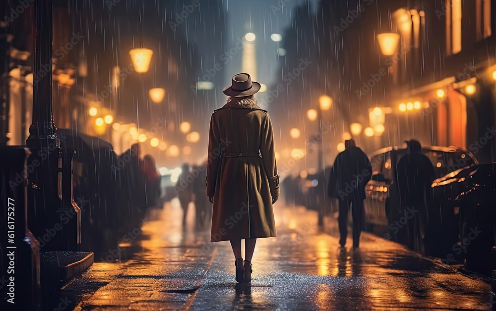 A person walking down a street at night. A person walking down a street at night.