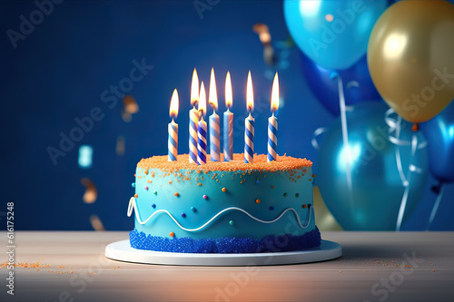 Blue Bliss Birthday Cake for Boy with Blue Candle, Creating a Festive Party Atmosphere. created with Generative AI