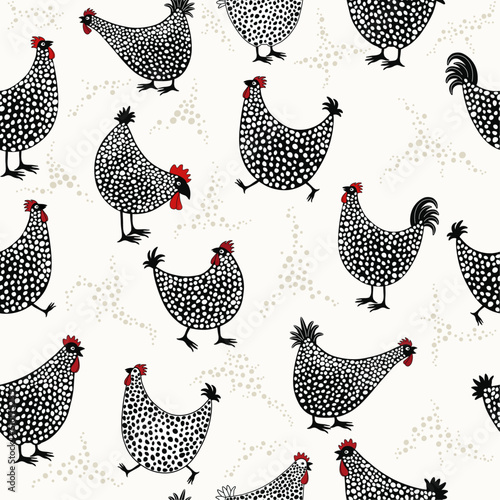 Seamless pattern of hand drawn cute cartoon chicken