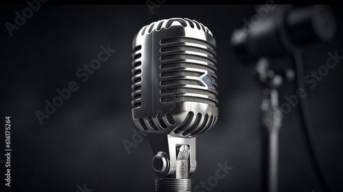 Representation of a retro gray condenser microphone, capturing the essence of vintage music and evoking a nostalgic atmosphere with its unique abstraction. Generative Ai