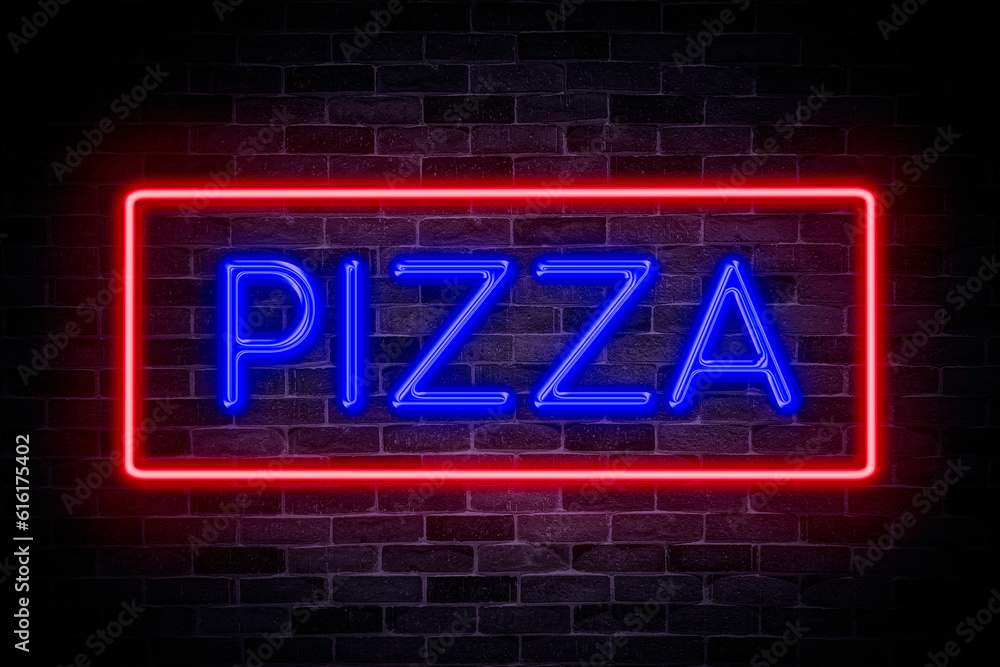 Obraz premium Pizza neon banner on brick wall background.