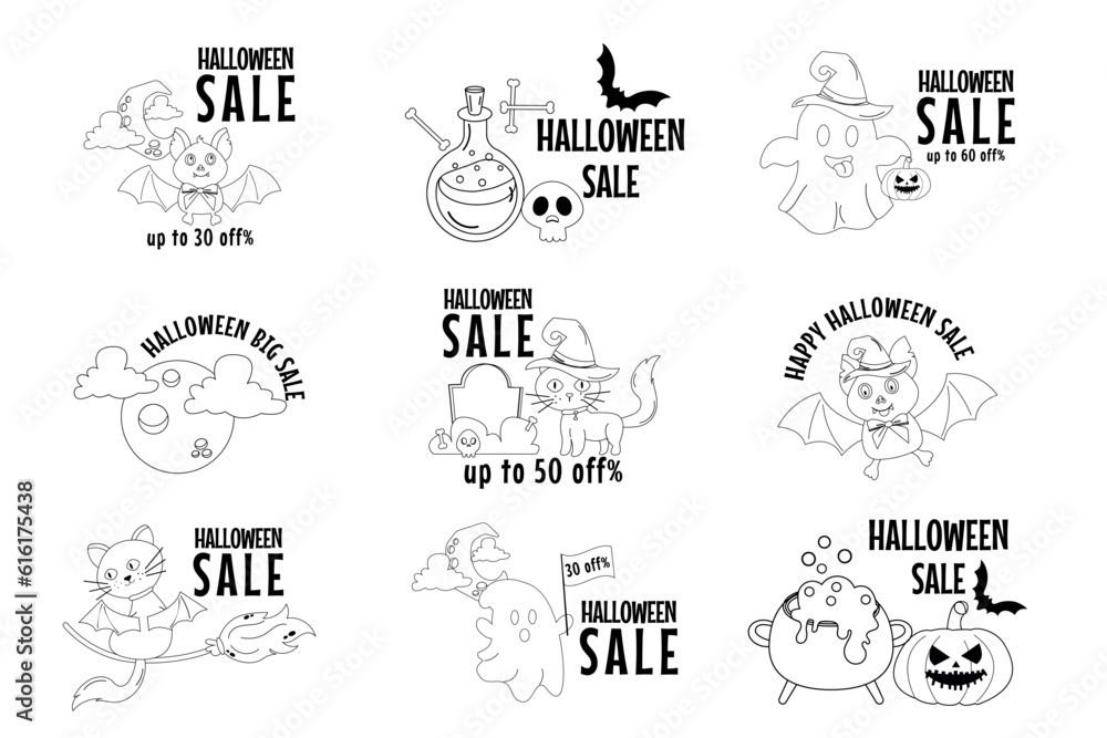 Set of different outline discounts halloween sale sticker, badge.