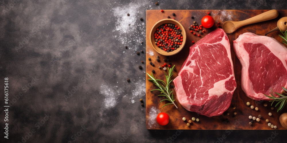Fresh raw meat beef steaks on wooden board, top view, text copy space, view from above, Red meat steaks, spices, seasoning for cooking, grilling, bbq on dark counter table background. generative ai