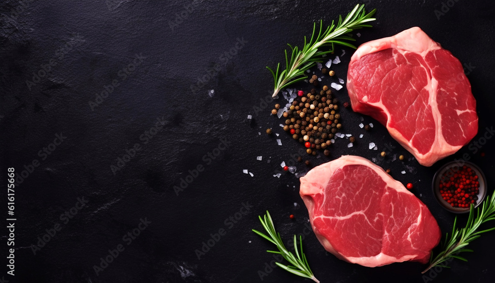 Fresh raw meat beef steaks on dark black background, top view, text copy space, view from above, Red meat steaks, spices, herbs, seasoning for cooking, grilling, bbq on counter table. generative ai