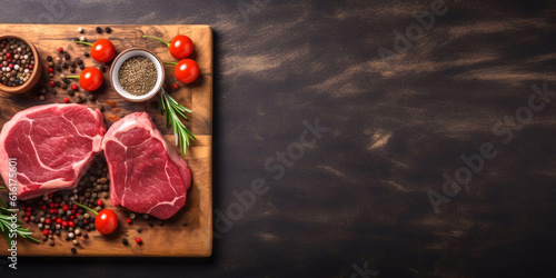Fresh raw meat beef steaks on wooden board, top view, text copy space, view from above, Red meat steaks, spices, herbs, seasoning for cooking, grilling, bbq on dark counter background. generative ai