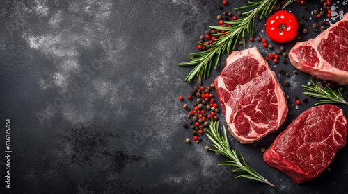 Fresh raw meat beef steaks on black wooden background, top view, text copy space, view from above, Red meat steaks, spices, herbs, seasoning for cooking, grilling on dark counter table. generative ai