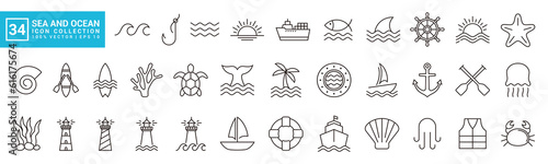 Fotografia Collection icons of sea and beach, marine animals, marine vehicles, waves, editable and resizable EPS 10