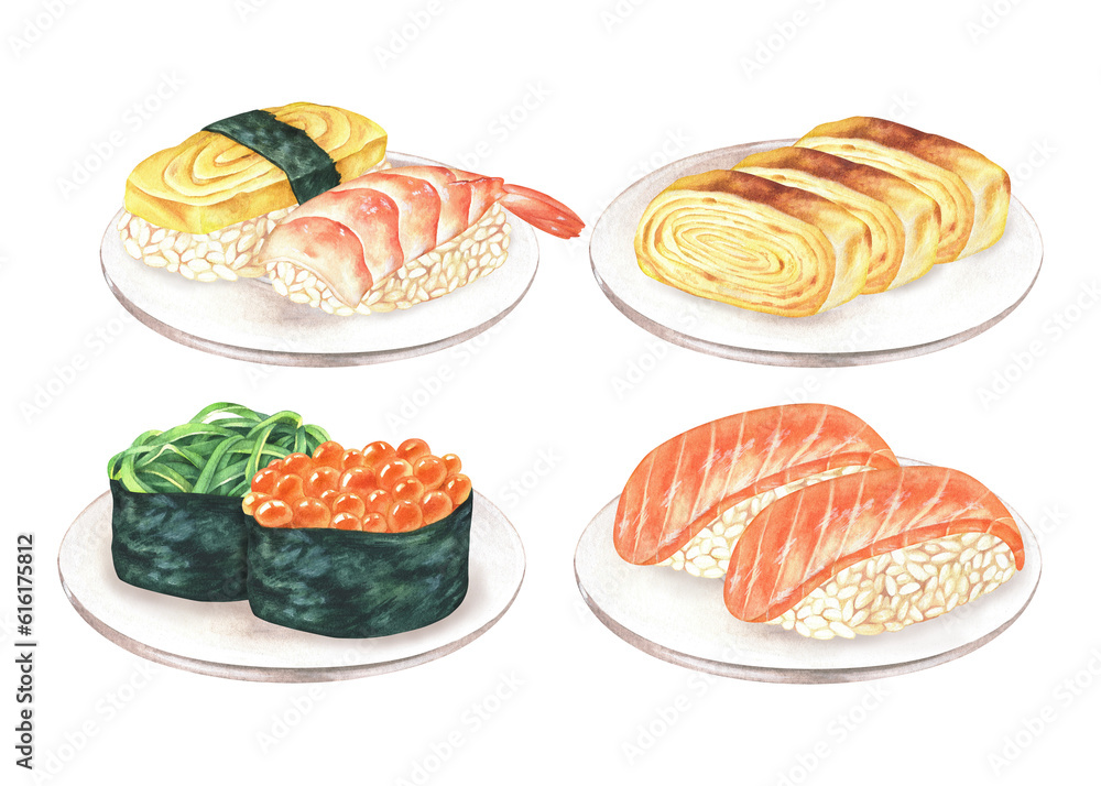 Japanese dishes set. Watercolor illustration. Sushi with salmon, egg, shrimp and gunkans with caviar, chuka seaweed. A plate of nigiri.Clip art isolated on a white background. Asian food bundle Japanese dishes set. Watercolor illustration. Sushi with salmon, egg, shrimp and gunkans with caviar, chuka seaweed. A plate of nigiri.Clip art isolated on a white background. Asian food bundle