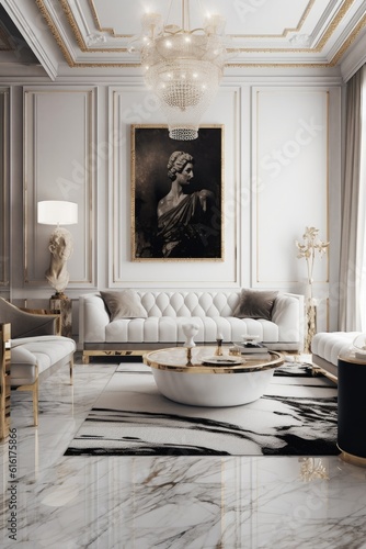 An ultra-modern living room. Sleek and minimalist design with luxurious finishes, such as polished marble floors, crystal chandeliers, and plush velvet furnishings. Generative AI