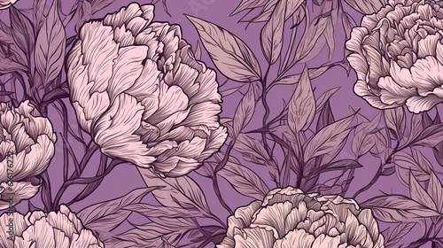 Vintage Floral Peonies and Buds with Black Outline - Luxury Flower Wallpaper or Background in Pastel Tones with Purples  Pinks  and Greens - Muted Aesthetic - Generative AI