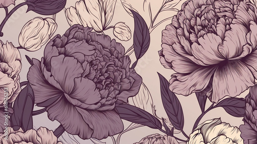 Fototapeta Naklejka Na Ścianę i Meble -  Vintage Floral Peonies and Buds with Black Outline - Luxury Flower Wallpaper or Background in Pastel Tones with Purples, Pinks, and Greens - Muted Aesthetic - Generative AI