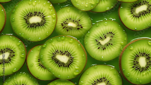 Kiwi fruit slices with water drops on a green background