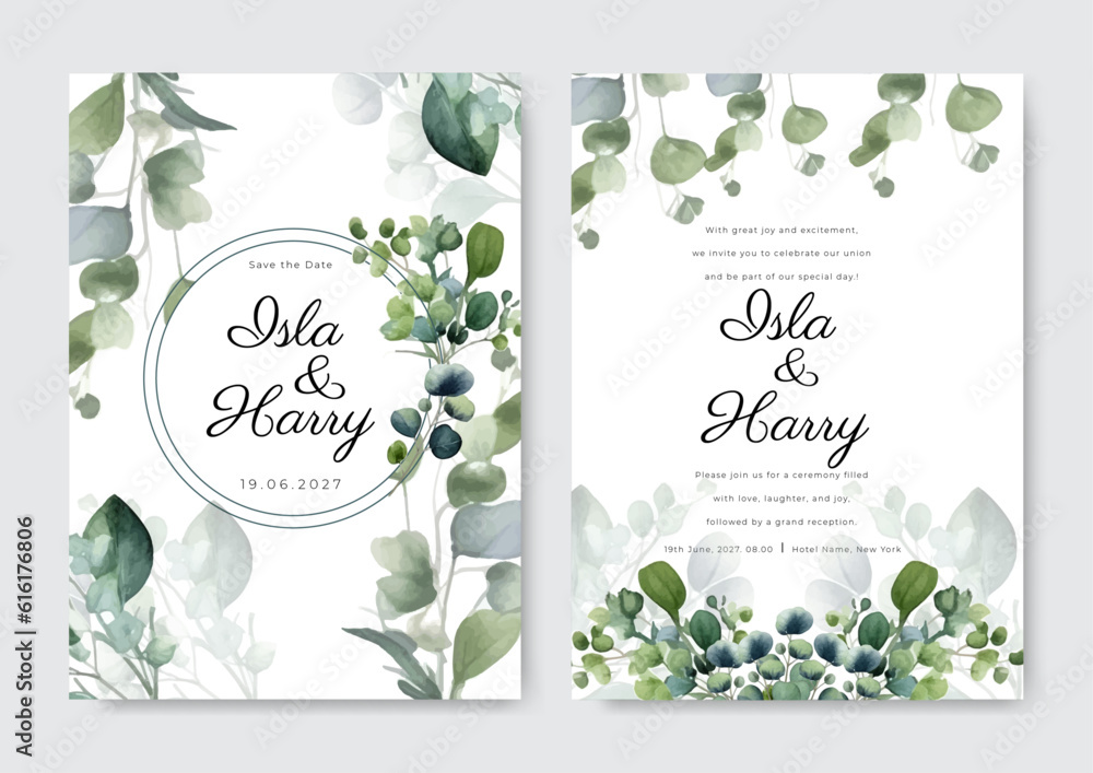 Green leaf flower floral vector elegant watercolor wedding invitation card
