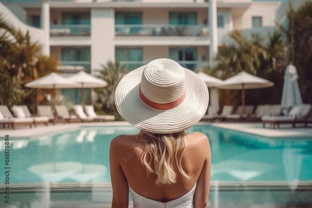 Back view of young woman with long blond hair wearing white straw hat on poolside in her vacation at a beautiful resort. Summer vacation concept. Generative Ai