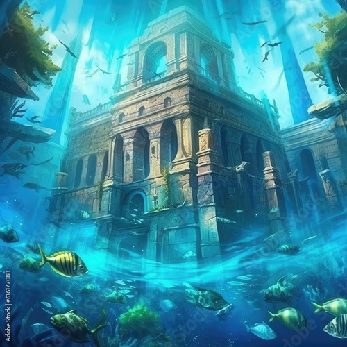 Underwater city with archaeological structures and architecture. (Illustration, Generative AI)