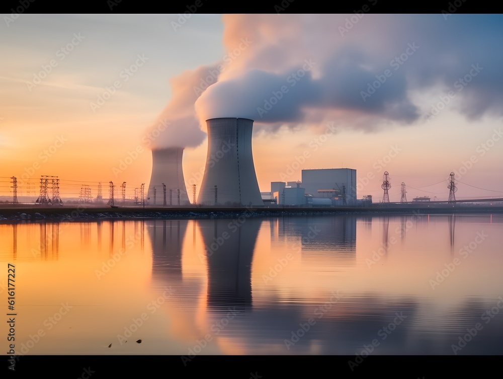 The impressive silhouette of the reactor towers above, its structure blending into the surrounding industrial landscape of the harbor. created generative AI The impressive silhouette of the reactor towers above, its structure blending into the surrounding industrial landscape of the harbor. created generative AI