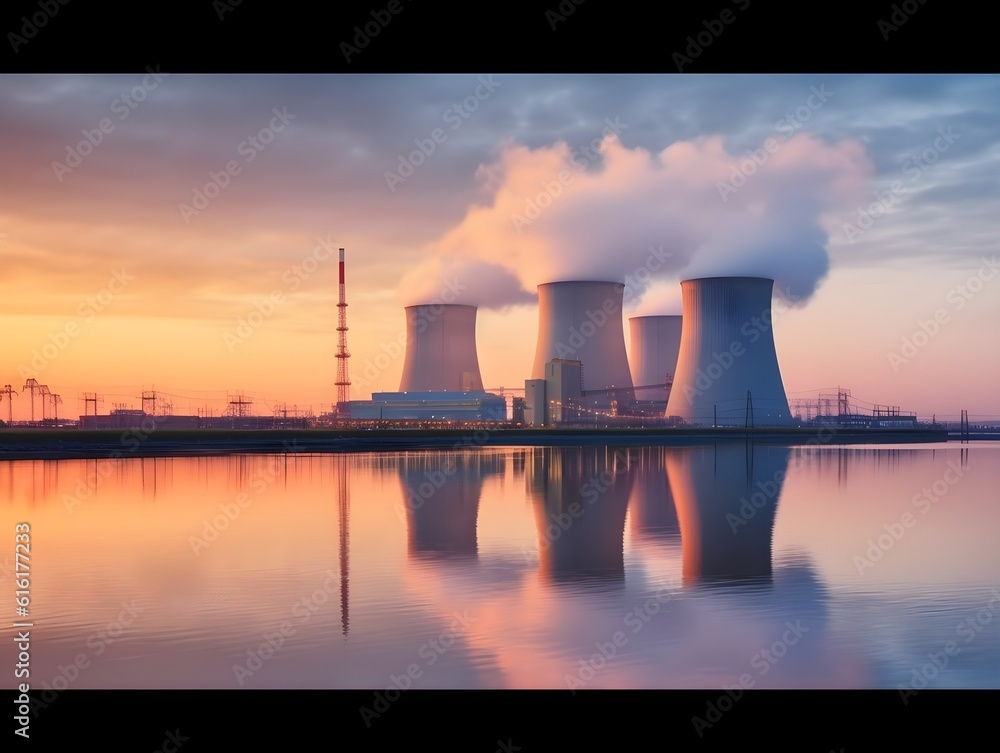 The impressive silhouette of the reactor towers above, its structure blending into the surrounding industrial landscape of the harbor. created generative AI