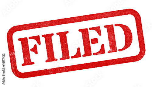 Filed red rubber stamp isolated on transparent background with distressed texture effect