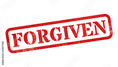 Forgiven red rubber stamp isolated on transparent background with distressed texture effect